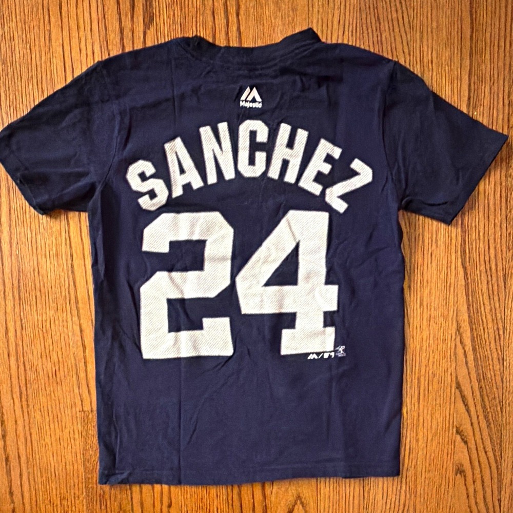 Majestic New York Yankees Sanchez #24 Blue Youth S Cotton Short Sleeve Shirt